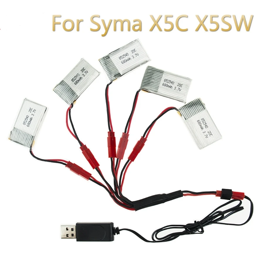 

5pcs 3.7V 680mAh 20C Drone Li-polymer Battery 852540 + USB Charger Set For RC Syma X5C X5SW Heng Kee 905 Cherson CX-30 Tanco M68