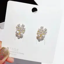 Изысканный цветок в Корейском стиле серьги-гвоздики золотого цвета из цветного циркона, хрусталя Имитация Серьги с жемчугом Для женщин, подарок, ювелирное изделие