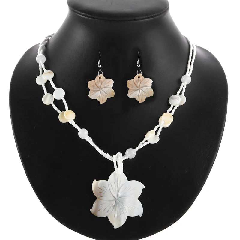 

Natural Shell Flower Shape Double Layer Glass Beads Beaded Chain Statement Necklace Earrings Set for Women