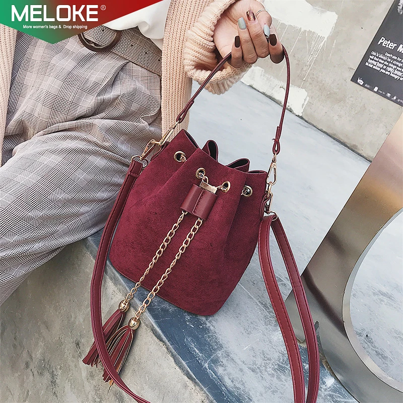  Meloke 2019 high quality women suede shoulder bags tassel bucket bags for girls crossbody bags wome - 32951458451