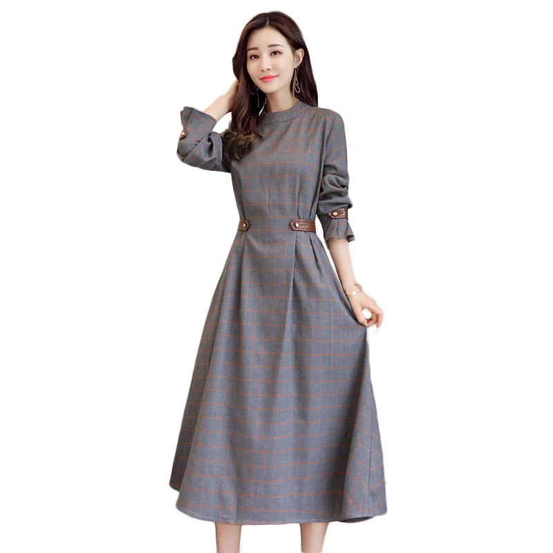 New Brand Spring Autumn Long Sleeve Plaid Dress Women Elegant Empire Pleated Dresses Elegant Office Work Vintage Long Dress