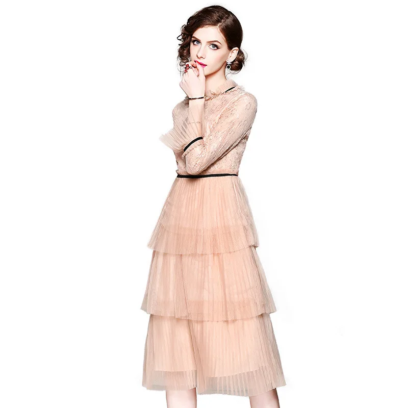 

Dress elegant O-Neck Solid Flare and Full Sleeve Lace Pleated with Bow Tie Elegant and Sweet Party Style Dress
