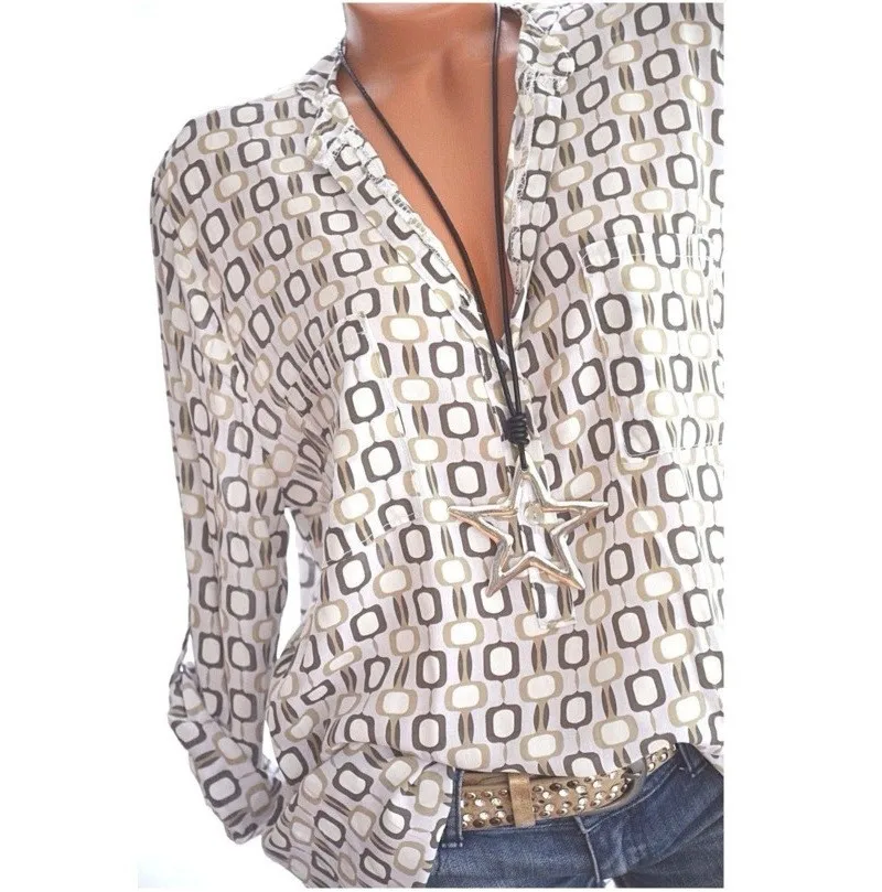 Women Shirts Summer Autumn Casual V-neck Loose Chiffon Blouse Women Top Camisa Feminina Long Sleeve Ladies Print Blouses Shirt