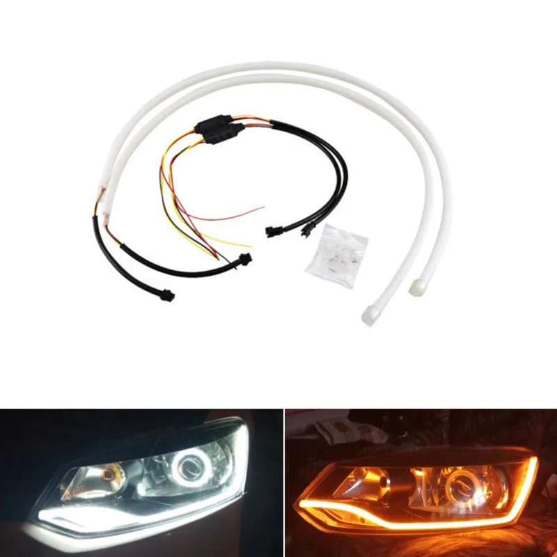 

2PC 30cm 45cm 60cm Daytime Running Light Flexible Soft Tube Guide Car LED Strip White DRL and Yellow Turn Signal Angel Eyes