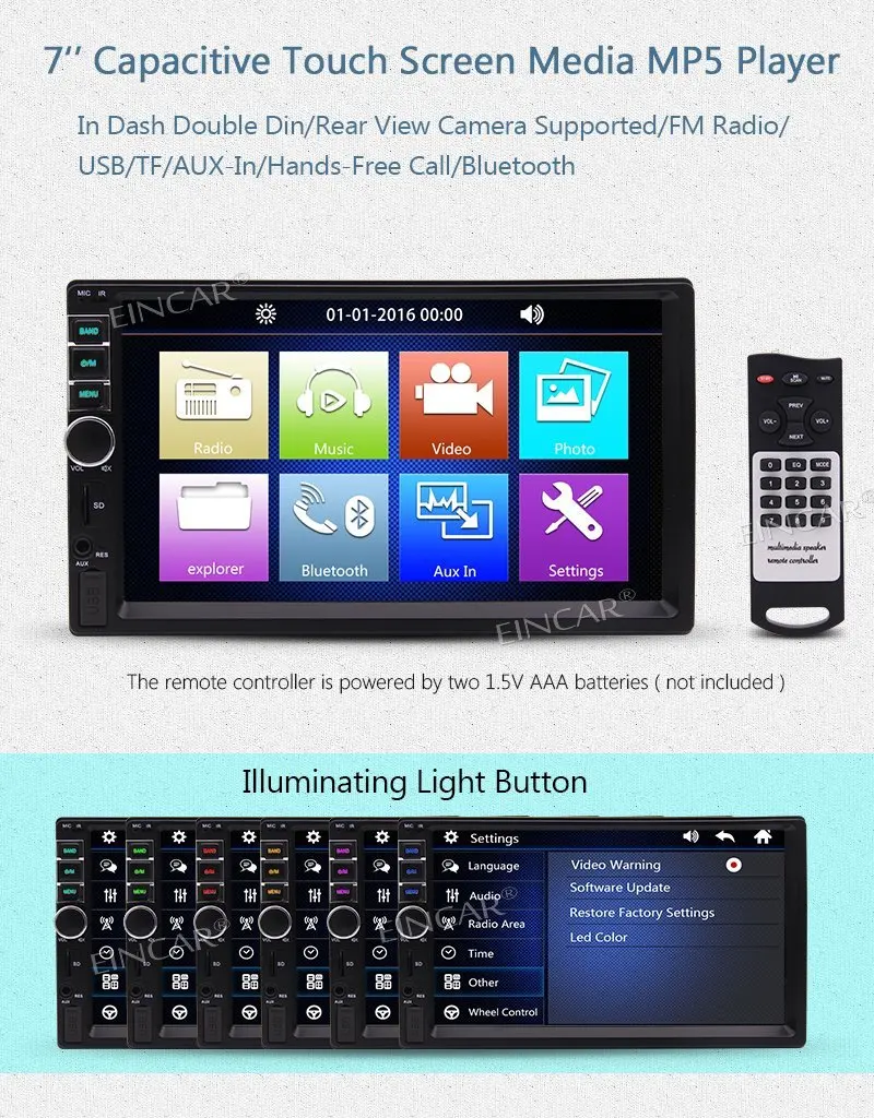 

7'' MP5 Player 2 Din Car Stereo Auto Video in Dash FM Radio Audio Car Deck Headunit Support FM/SD/USB/Aux Touch Screen/Bluetooth