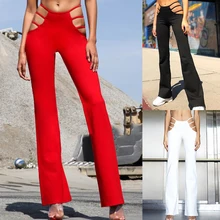 Sexy Cut Out Holes Womens Pants Slim Fit Sweat Skinny Solid Pants For Women Flare Hollow Out Thin Low Waist Wine Red Pants Hot retro cut out plaid fit and flare dress