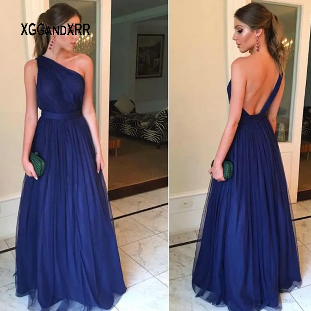 

New Arrival One Shoulder Prom Dresses 2019 Sexy Backless Blue Tulle Elegant Long Evening Dress Lady Formal Party Gown Plus Size
