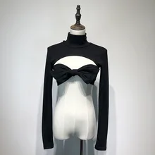 WHITNEY WANG/ весенне-летняя модная уличная одежда, сексуальные топы с бантом спереди, Женская Повседневная футболка, топы