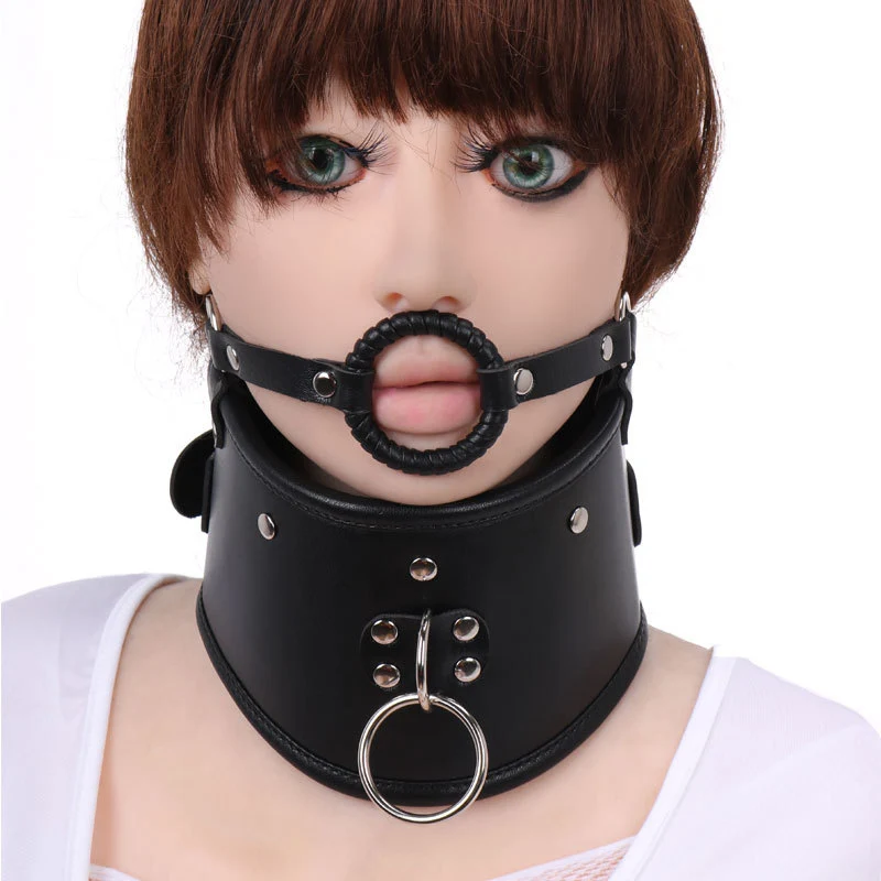 

Chastity Lock Restraint Collar Sexy Neck Ring For Women Slave Collar Ring Leather Cervical Open the mouth Restraint Virgin lock