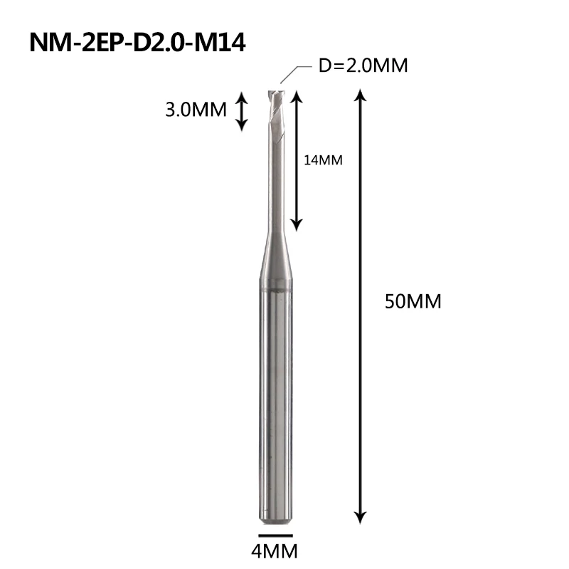 NM-2EP Вольфрамовая сталь 2 Флейта квадратная длинная шея с покрытием Концевая фреза Фрезерный резак режущие инструменты для меди и алюминиевого сплава - Длина режущей кромки: NM-2EP-D2.0-M14