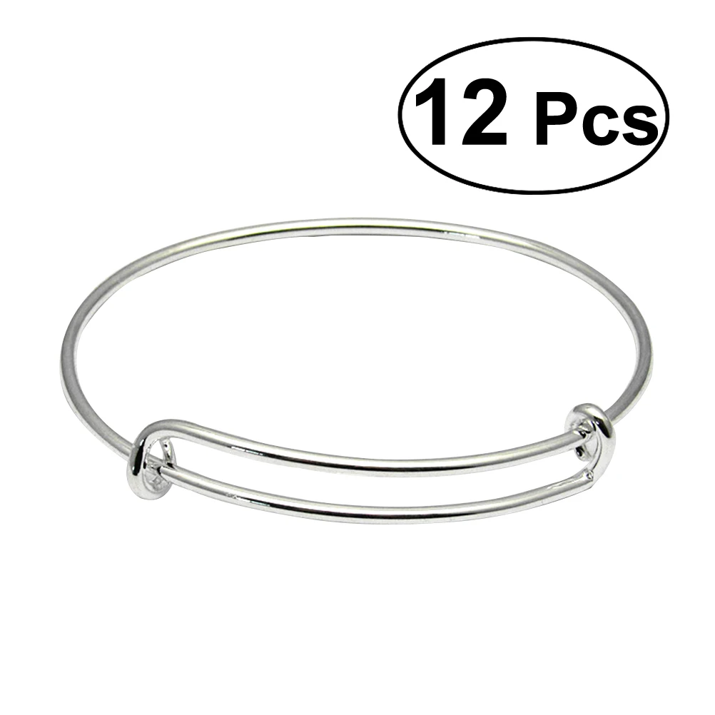 12pcs Silver tone Expandable Wire Blank Bangle Bracelet Adjustable