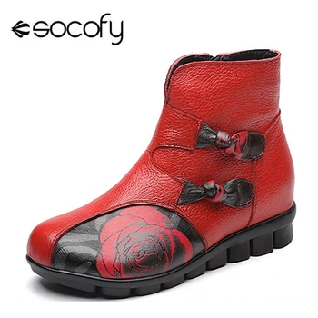 

Socofy Vintage Fur-lined Boots Women Shoes Genuine Leather Ankle Boots For Women Zipper Flat Heel Winter Shoes Woman Botas Mujer