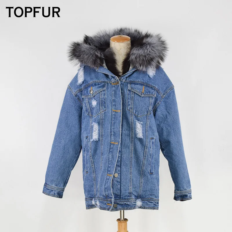 

TOPFUR 2018 New Style Women Real Fur Coat Fashion Jean Jacket With Silver Fox Fur Hood And Lining Top Quality Casual Coat