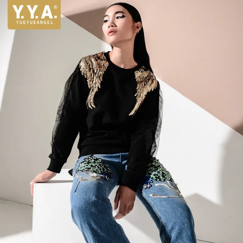 

Chic Sequined Angel Wings Pullover Long Sleeve Women Sweatshirt Mesh Patchwork Fashion O Neck Punk Loose Casual Female T-Shirts