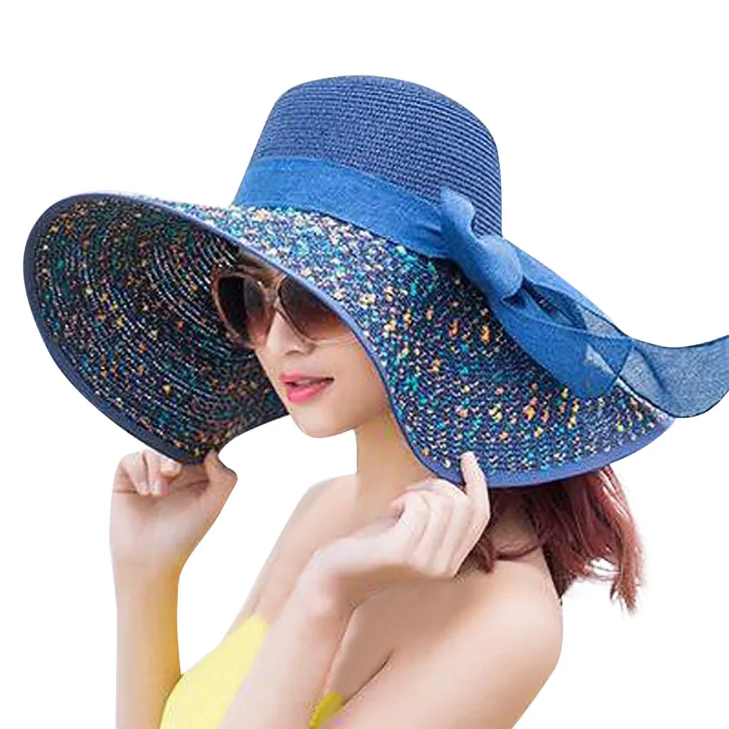 ISHOWTIENDA летняя кепка Женская цветная с большими полями соломенная шляпа с бантом широкополая шляпа от солнца с широкими полями шляпы пляжная кепка Chapeau Homme Ete# XTJ
