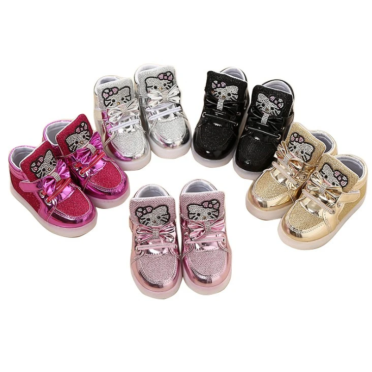 1 Ready Stock LED Shoes Light Up Kids Sneakers Hello Kitty Children Girl Leisure Cat Spring Toddler Girls' Casual Shoes Size 26-30
