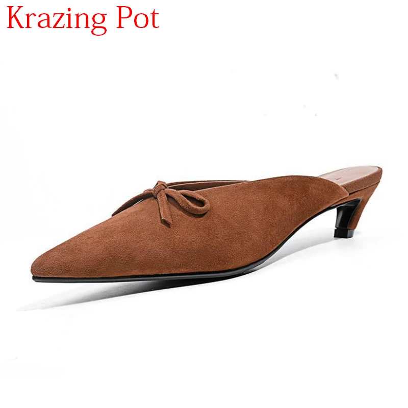 

Fashion Sheep Suede Bowtie Pointed Toe Outside Slipper Stiletto High Heels Pumps Slip on Office Lady Sweet Slingback Mules L05