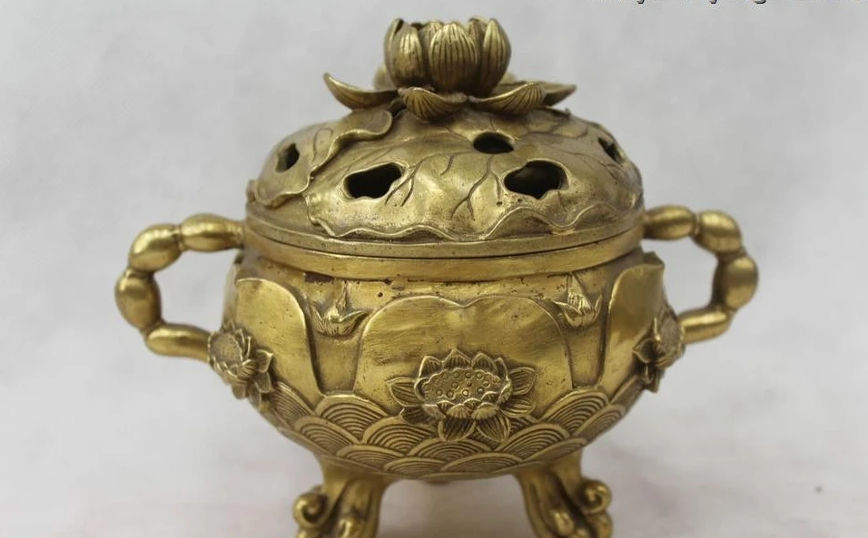 

6"Marked Chinese Dynasty Palace Bronze Lotus Flower Incense Burner Censer