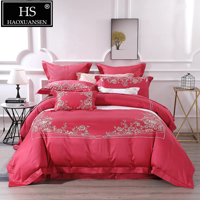 Luxury 100s Carmine Bedding Sets 4pcs Embroidery Design 100