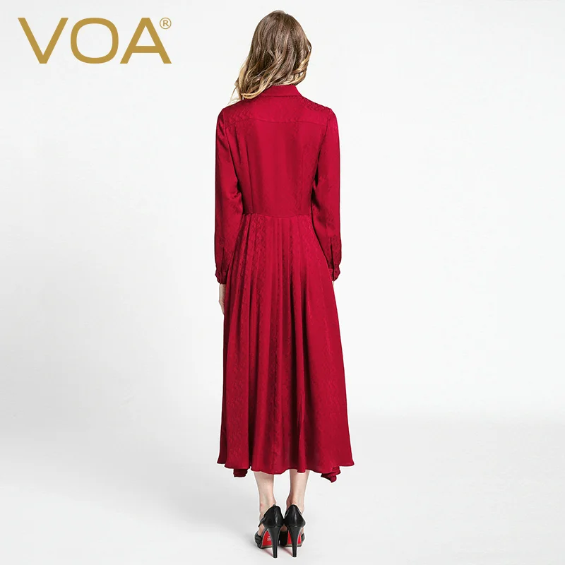 VOA Шелковый жаккард размера плюс платье-рубашка для женщин с длинным рукавом Красный Повседневная тонкая туника Высокая талия Винтаж корейский Свинг Весна A6135