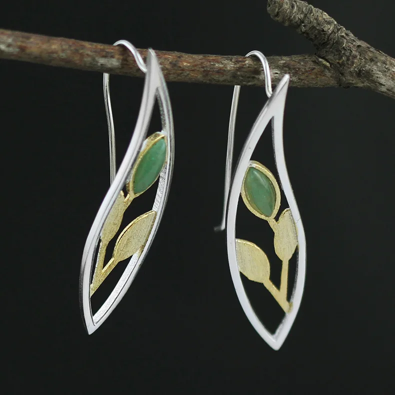 

CMAJOR Handmade 925 Sterling Silver Natural Jade Bud Leaf Earrings Vintage Original Fine Jewelry Wholesale