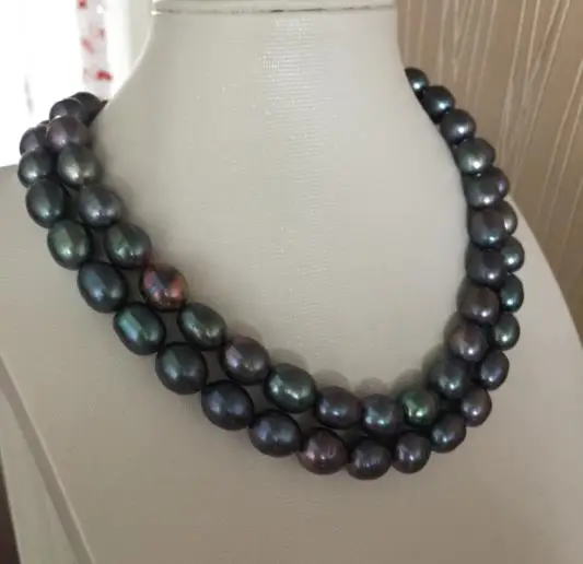 

11-12mm tahitian black green baroque pearl necklace 38"925 silver