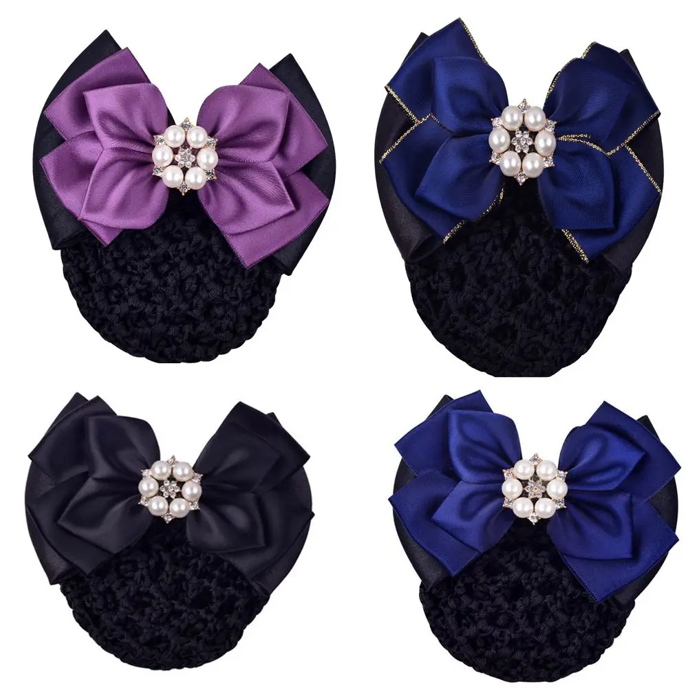 

Office Lady Satin Bow Rhinestone Barrette Hair Clip Cover Elegant Pearl Bowknot Net Bun Snood Hair Net