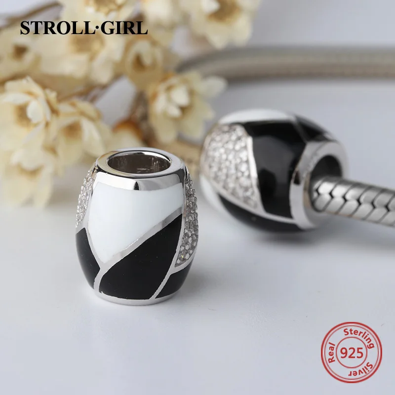 StrollGirl high polish black&white charms with CZ 925 silver vintage beads fit original pandora bracelet jewelry making men gift