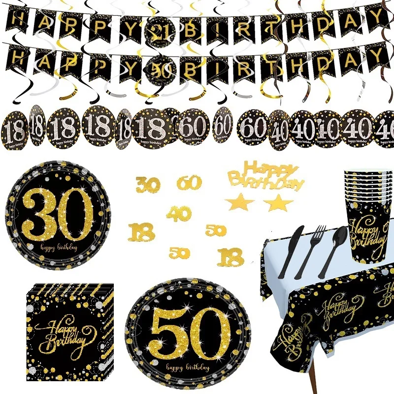 

21st/30/40/50/60th Birthday Party Tableware Sets Decoration Paper Cups Plate Table Cloth Happy Birthday Flag Garland Supplies