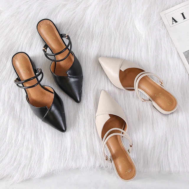 Party Chic Women Mules Slipper Pointed Toe Block Strap Closed Shallow High  Heels Shoes Sandals 2019 Black Beige Korean Pumps _ - AliExpress Mobile