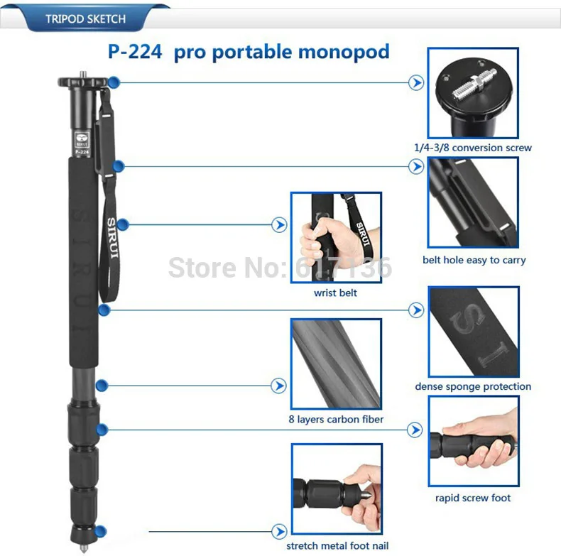 Sirui p-224 монопод Профессиональный углерода Волокно Портативный штатив 4 Раздел сумка Максимальная нагрузка 10 кг DHL