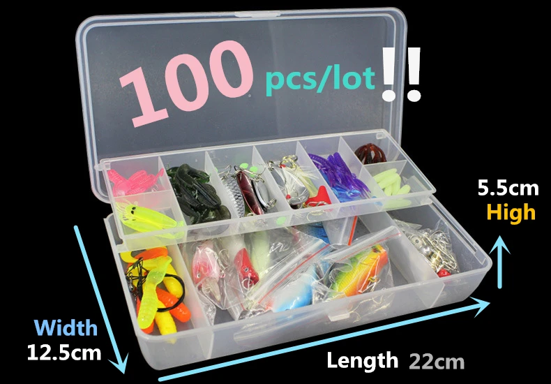 

100pcs/lot brightly lure bait combination packages boxes plus plastic bionic fishing bait hard fishing accessories     1606681