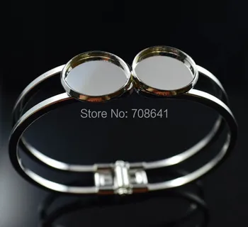 

Rhodium tone Plated Brass Metal Blank Bangle Bases w/ Double Round Bezel Cabochon cuff Bracelet Bangle Settings DIY Findings