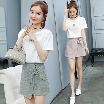 

2018 summer new Korean fashion two-piece clothing set women printing short sleeve T-shirt grid suits vestidos girl outfit S-XL