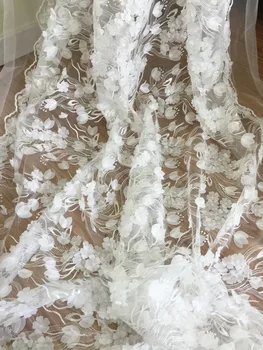 

1 Yard Exquisite 3D Chiffon Blossom Bridal Lace Fabric Floral Tulle Wedding Gown Leaf Fabric Lace for Haute Couture Prom