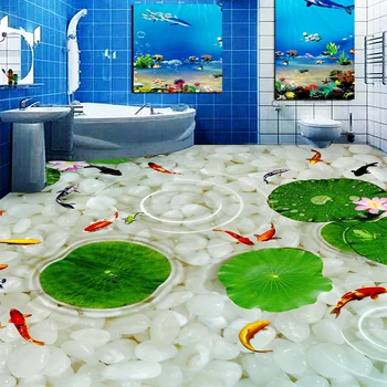 

Modern Bathroom Custom 3D Floor Wear Non-slip PVC Self Adhesive Waterproof Mural 3D Pebble Carp Floor Tiles Wall Paper Sticker