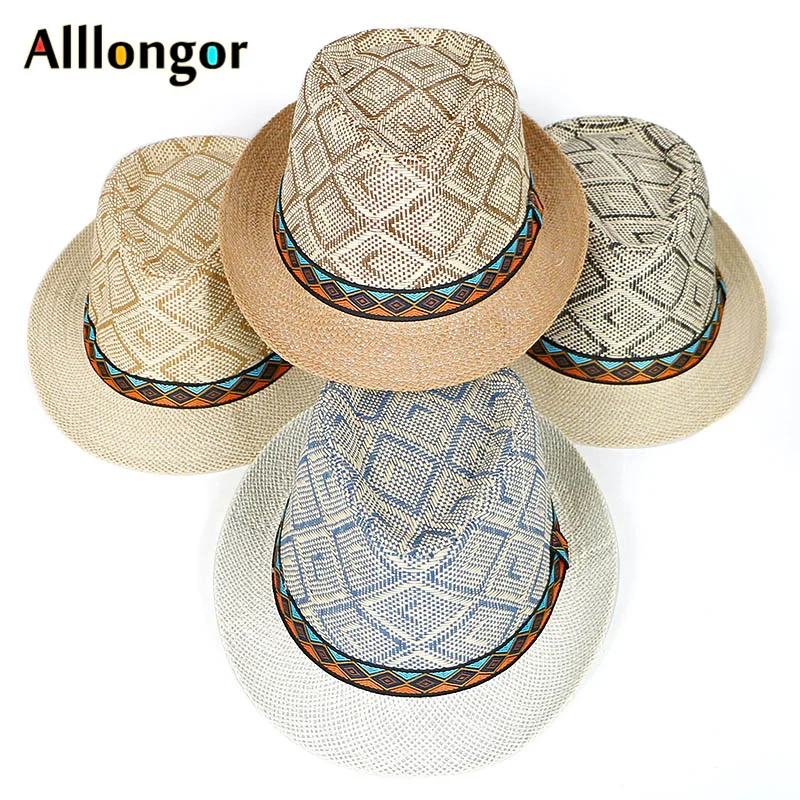 Straw Hat Panama Jazz Hat Summer Beach Sun Hats Men Fedoras Plaid Women Sunhat Short Sleeve Sun Cap straw hat,fashion hat,fedora hat,sun protection hat