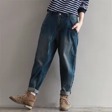 Новинка, женские джинсы размера плюс, средняя талия, женские шаровары, осенние джинсовые штаны, винтажные свободные хлопковые брюки F297