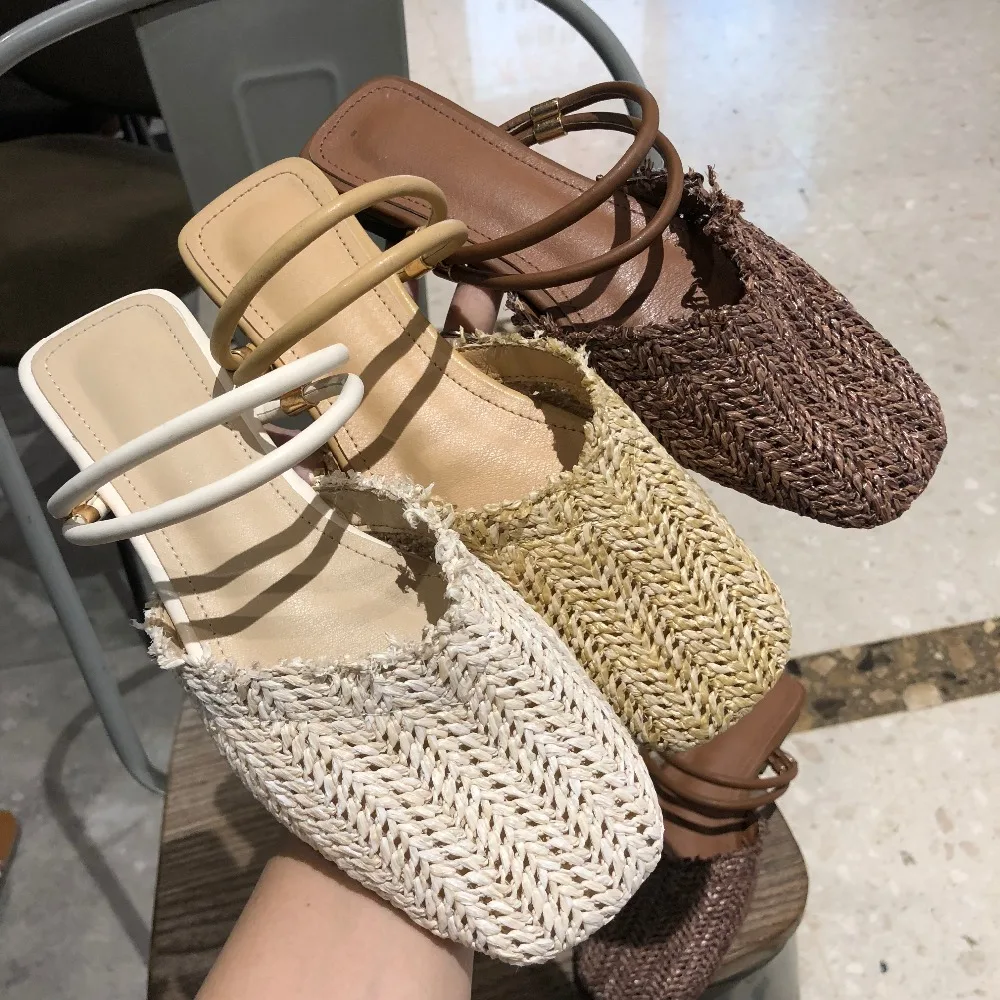 

2018 HOT Women Cane Mules Round Toe Straw Flat Heel Sandals Slip On Slides Summer Slippers