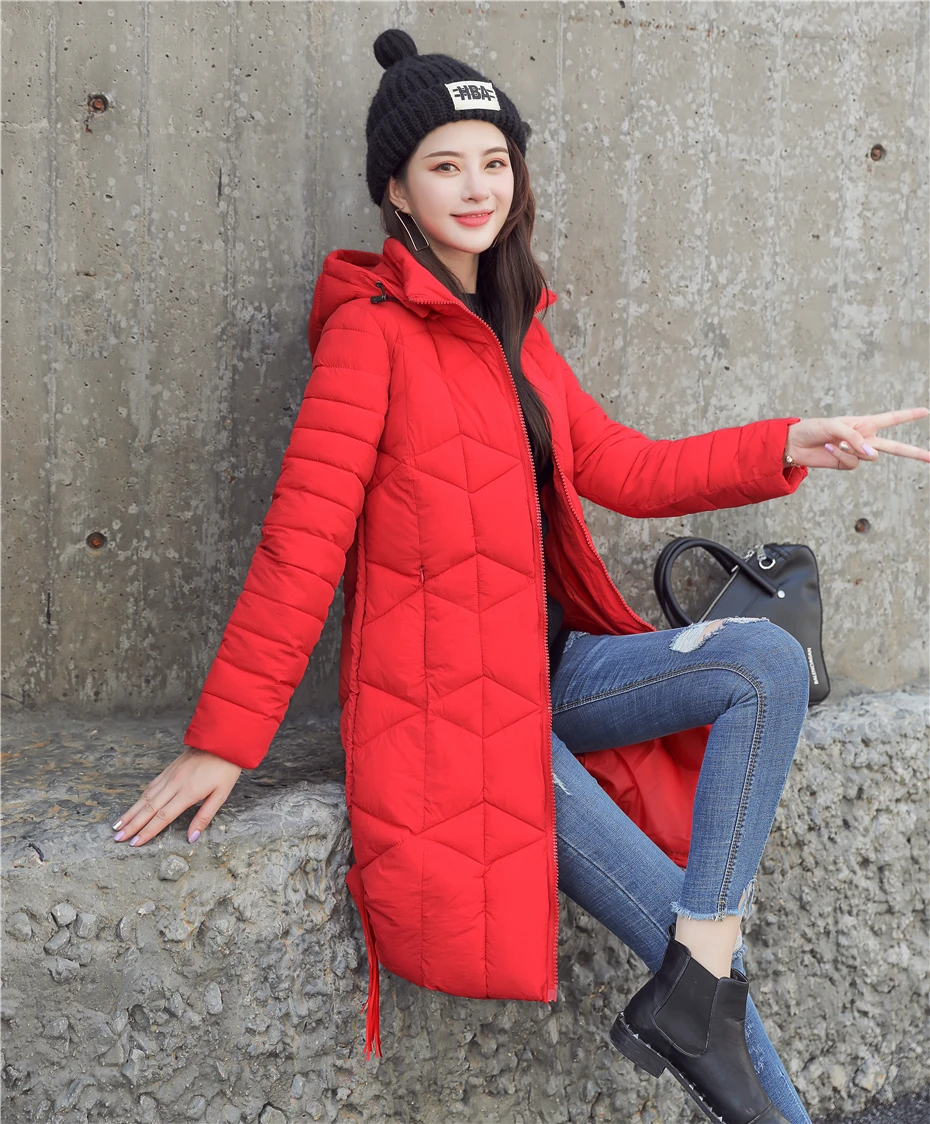 Quilted Coat Long Parka Female Thick Cotton Slim Winter Jacket Women Clothes Hooded Warm Outwear Plus Size Korean Oke042