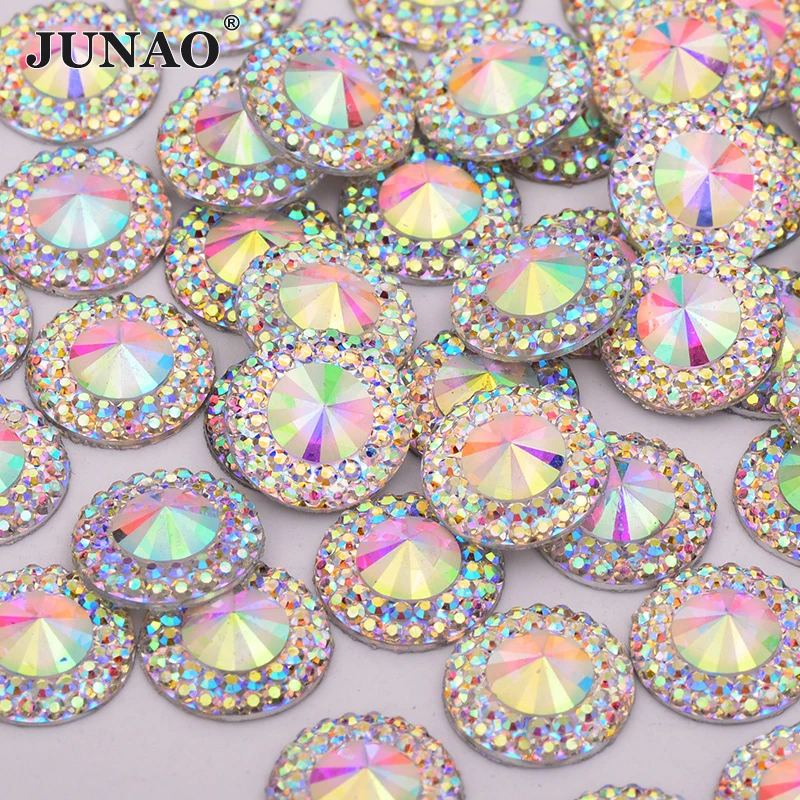 JUNAO, 12, 14, 20, 30 мм, блестящие AB Стразы Rivoli с плоской задней частью, камни из смолы, стразы, кристаллы, аппликация, круглые камни для рукоделия