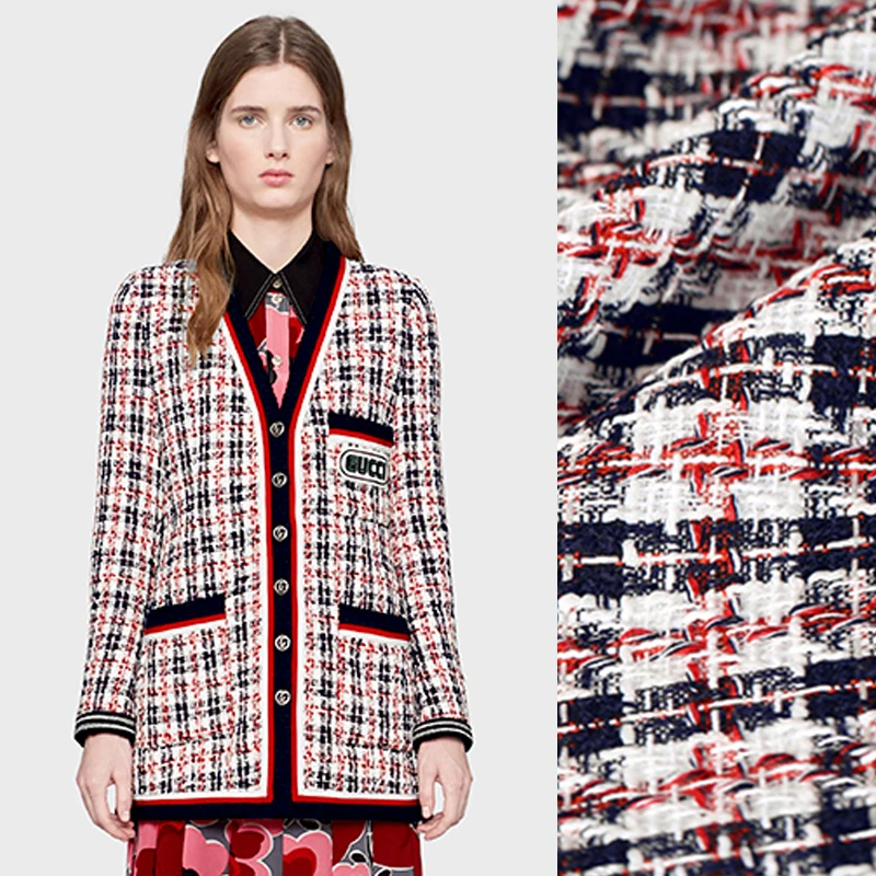 

150CM Wide 460G/M Weight Knitted Tweed Blue Red Cotton Acrylic Polyester Fabric for Autumn and Spring Dress Coat Jacket E769