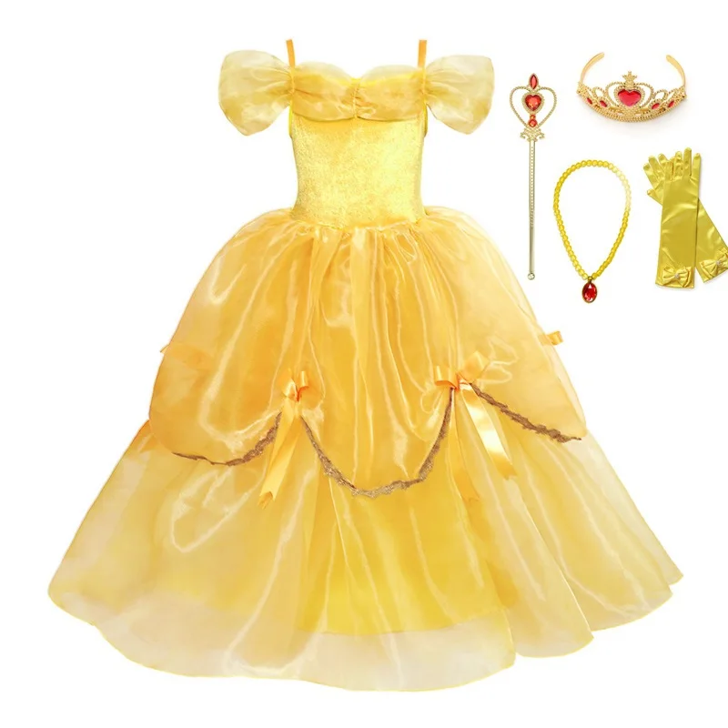

VOGUEON Girl Princess Costume Kids Straps Off Shoulder Layer Belle Aurora Cinderella Dress Up Evening Long Gown Girl Fancy Dress