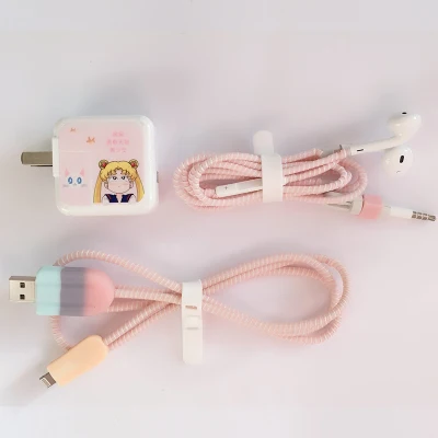 Намоточный кабель мультфильм USB протектор для кабеля передачи данных набор с наклейки для зарядного устройства спиральный usb-шнур с зарядным устройством для Iphone для ipad - Цвет: style1