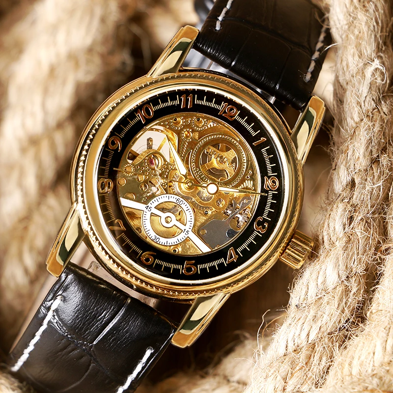 

Golden Mechanical Automatic Modern Wristwatch Fashion Leather Mens Womens Watches Gift