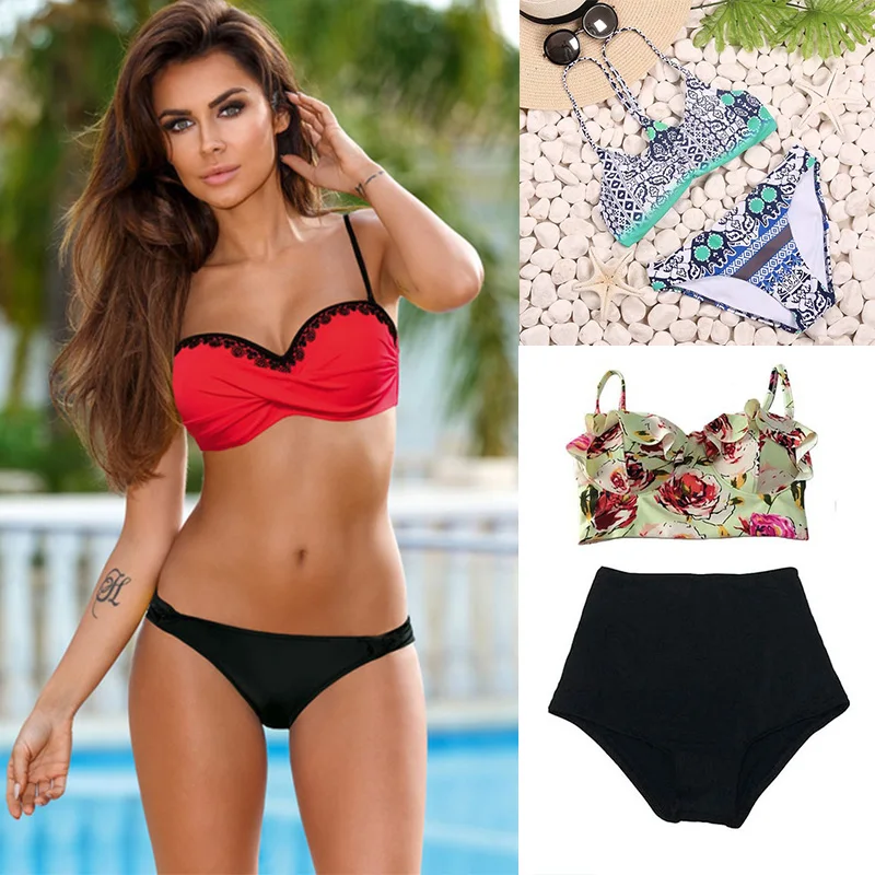 

SUNRAINBOW 2019 Bandage Halter Bikini Swimwear Female Print Bikinis Women Sexy Swimsuit Brazilian Bikini Set Padded Beach Wear