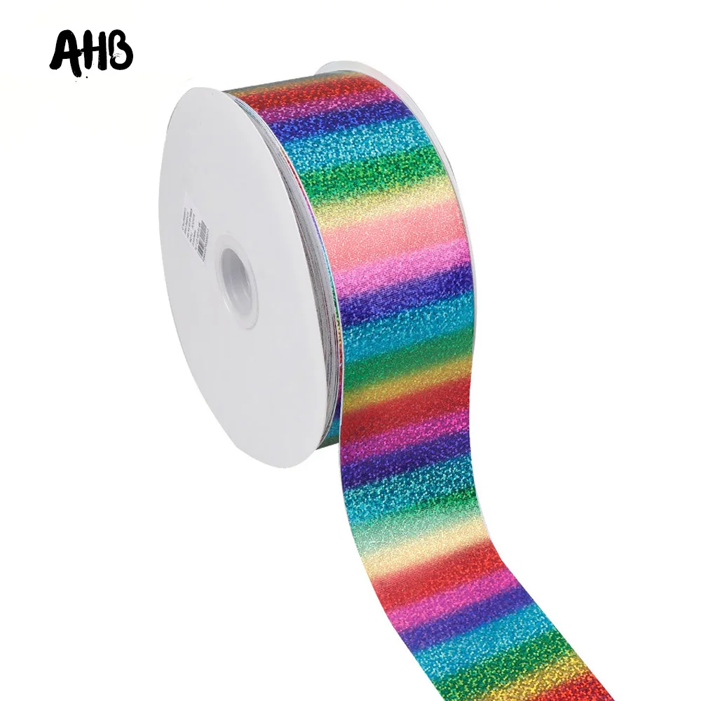

AHB Laser Grosgrain Ribbon 75MM Colorful Rainbow Bronzing Leather Ribbon DIY Hairbows Accessories Wedding Decor Gift Warpping