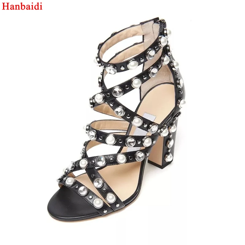 

Hanbaidi Brand Handmade Pearl Women Summer Sandal Genuine Leather Black 10 cm Chunky High Heels Pumps Runway Gladiator Sandals 9