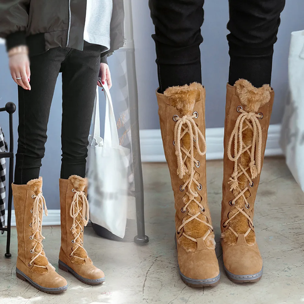 

Women Suede Pure Color Round Toe Lace-Up Flat Shoes Keep Warm Middle Tube Snow Boots Casual shoes woman zapatos de mujer @L