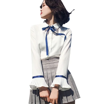 

Women Flare Sleeve Bowknot Chiffon Blouse Ladies Long Sleeve Button Down White Blouses Tops